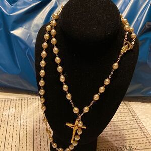 Rosary Gold Tone & Faux Pearls